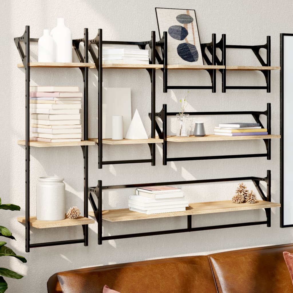 -Delige Wandschappenset Met Stangen Bewerkt Hout Sonoma eiken