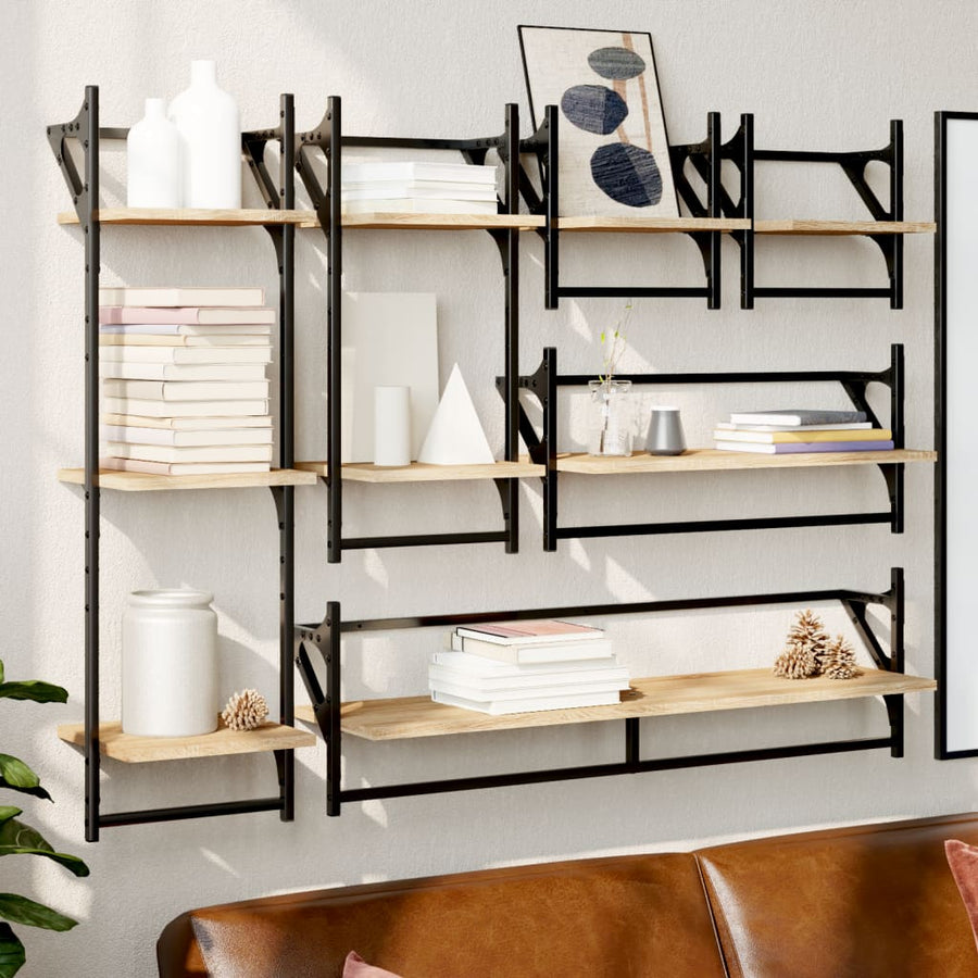 -Delige Wandschappenset Met Stangen Bewerkt Hout Sonoma eiken