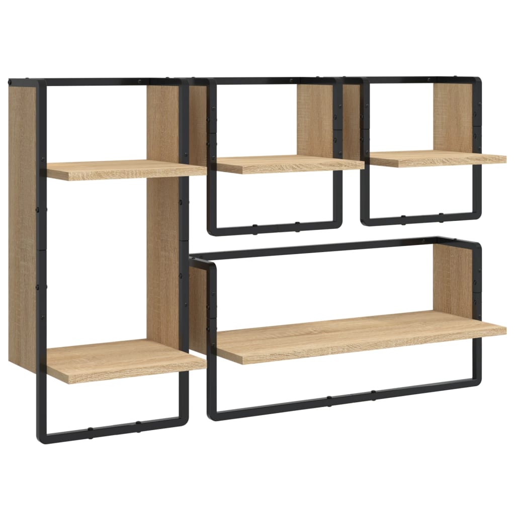 -Delige Wandschappenset Met Stangen Bewerkt Hout Sonoma eiken