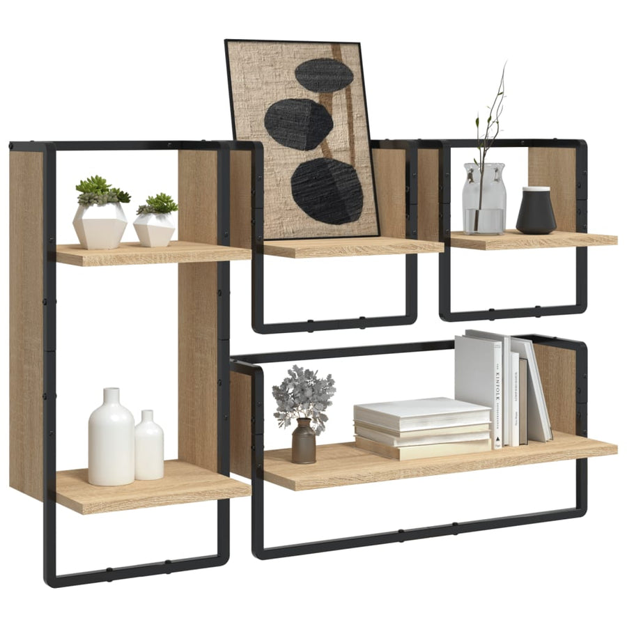 -Delige Wandschappenset Met Stangen Bewerkt Hout Sonoma eiken