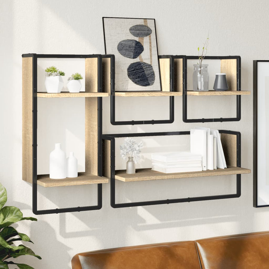-Delige Wandschappenset Met Stangen Bewerkt Hout Sonoma eiken
