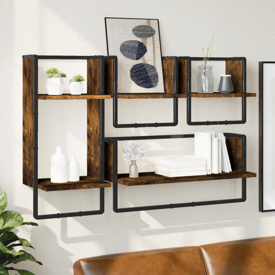 -Delige Wandschappenset Met Stangen Bewerkt Hout Gerookt eiken