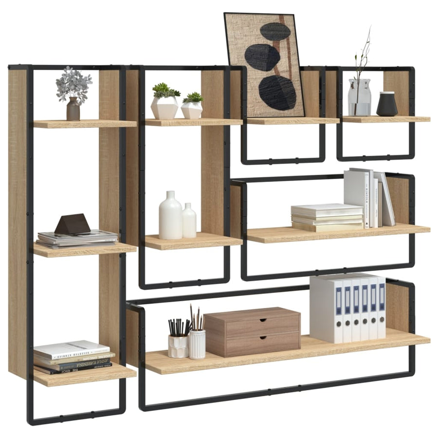 -Delige Wandschappenset Met Stangen Bewerkt Hout Sonoma eiken