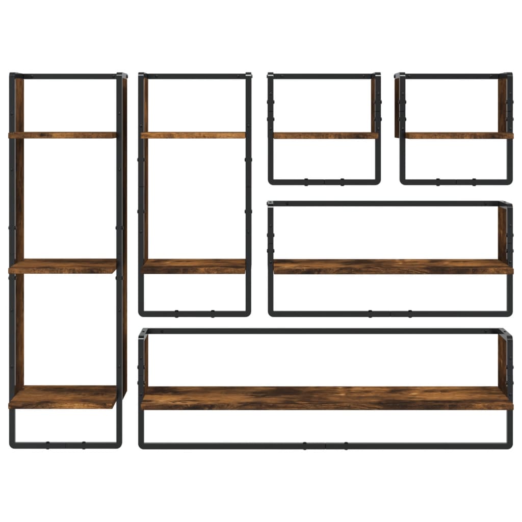 -Delige Wandschappenset Met Stangen Bewerkt Hout Gerookt eiken
