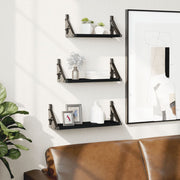 3-Piece Wall Shelf Set Carved Wood Black
