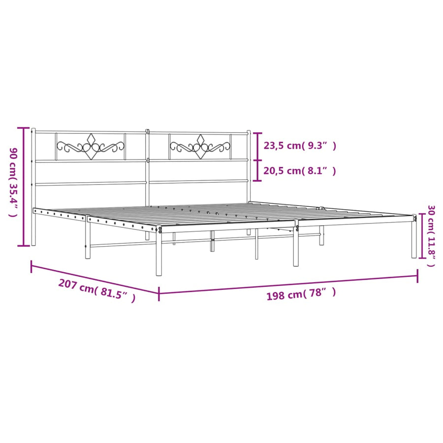 Bedframe met hoofdbord metaal zwart 193x203 cm 193 x 203 cm Zwart met hoofdbord