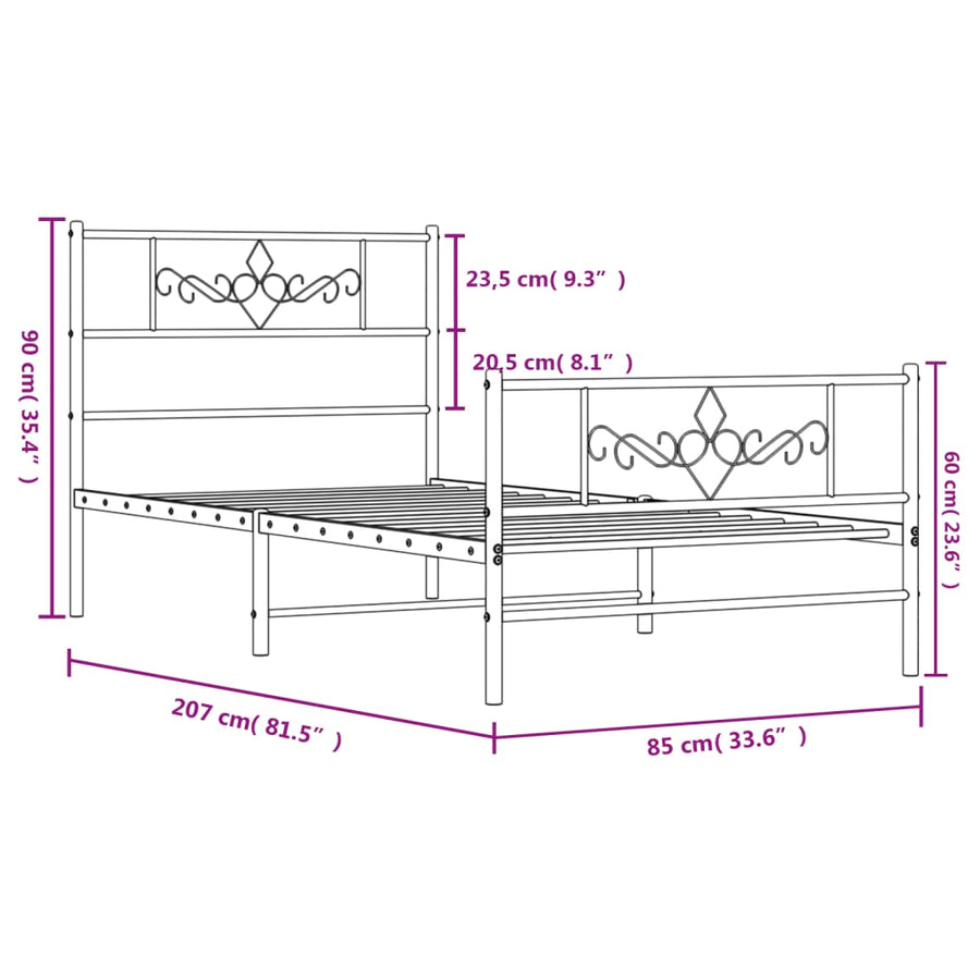 Bedframe met hoofd- en voeteneinde metaal zwart 80x200 cm 80 x 200 cm Zwart met hoofdbord & voetbord
