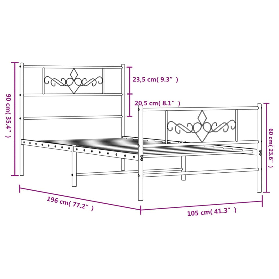 Bedframe met hoofd- en voeteneinde metaal zwart 100x190 cm 100 x 190 cm Zwart