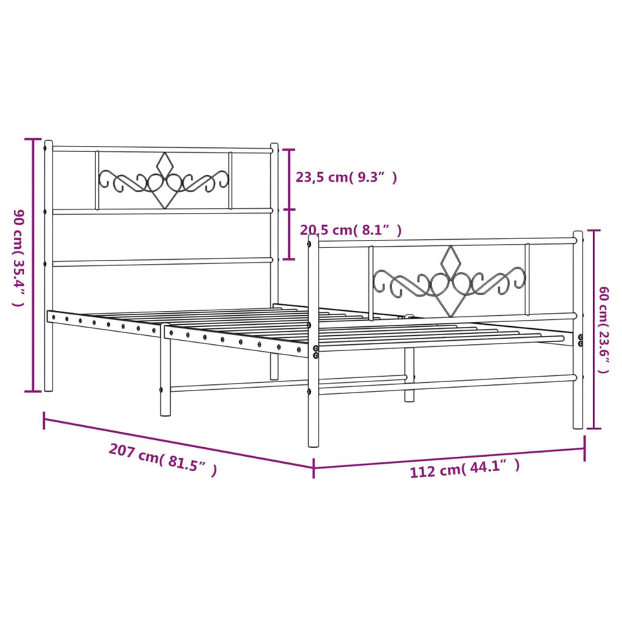 Bedframe met hoofd- en voeteneinde metaal zwart 107x203 cm 107 x 203 cm Zwart met hoofdbord & voetbord