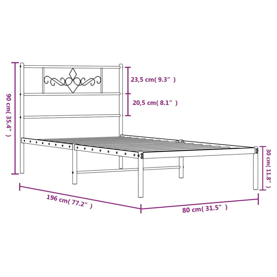 Bedframe met hoofdbord metaal wit 75 x 190 cm Wit met hoofdbord