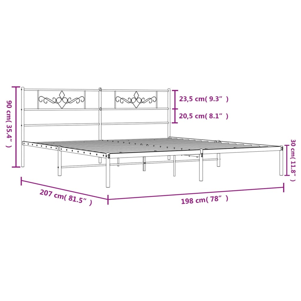 Bedframe met hoofdbord metaal wit 193x203 cm 193 x 203 cm Wit met hoofdbord