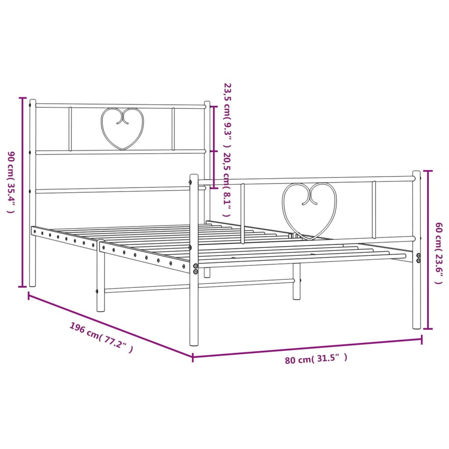Bedframe Met Hoofd- En Voeteneinde Metaal 75 x 190 cm Wit met hoofdbord & voetbord