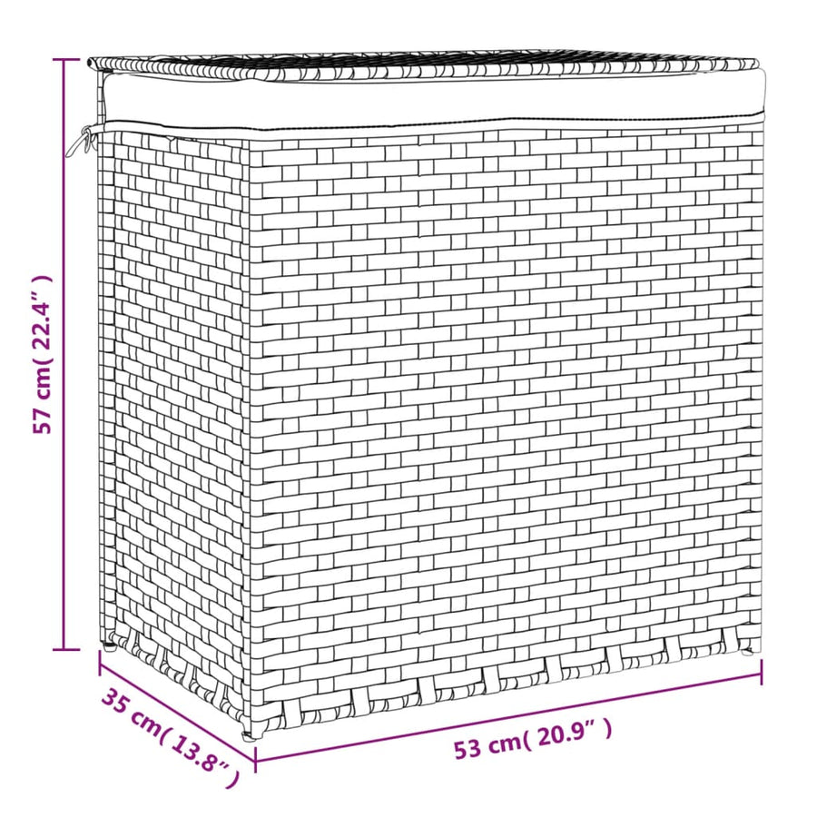 Wasmand met 2 vakken 53x35x57 cm poly rattan zwart