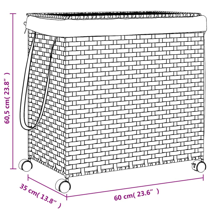 Wasmand op wielen 60x35x60,5 cm rattan donkerbruin