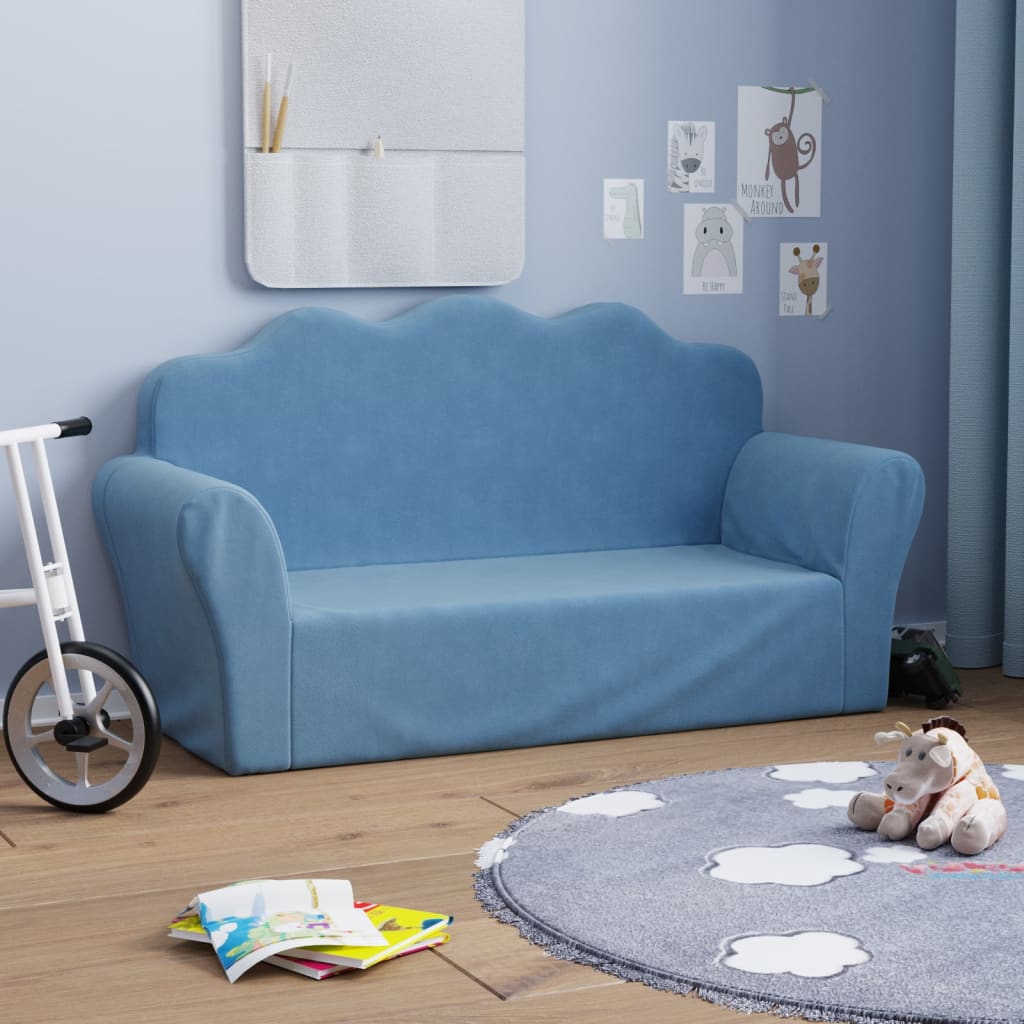 Kinderbank 2-Zits Zacht Pluche Blauw Tweezitsbank