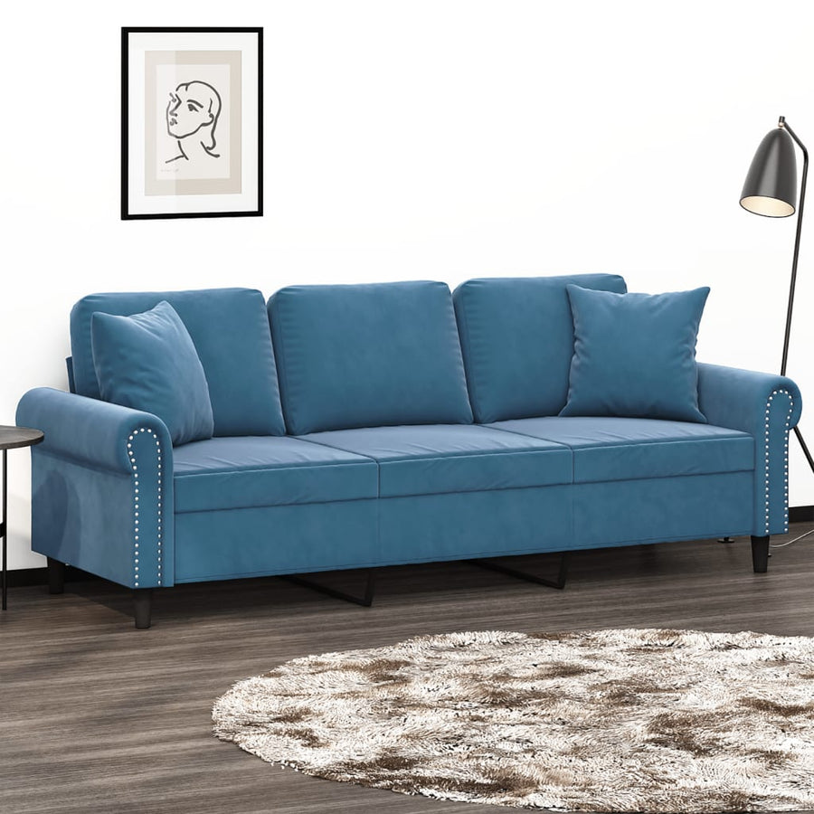 Driezitsbank met sierkussens 180 cm fluweel blauw 180 cm Blauw