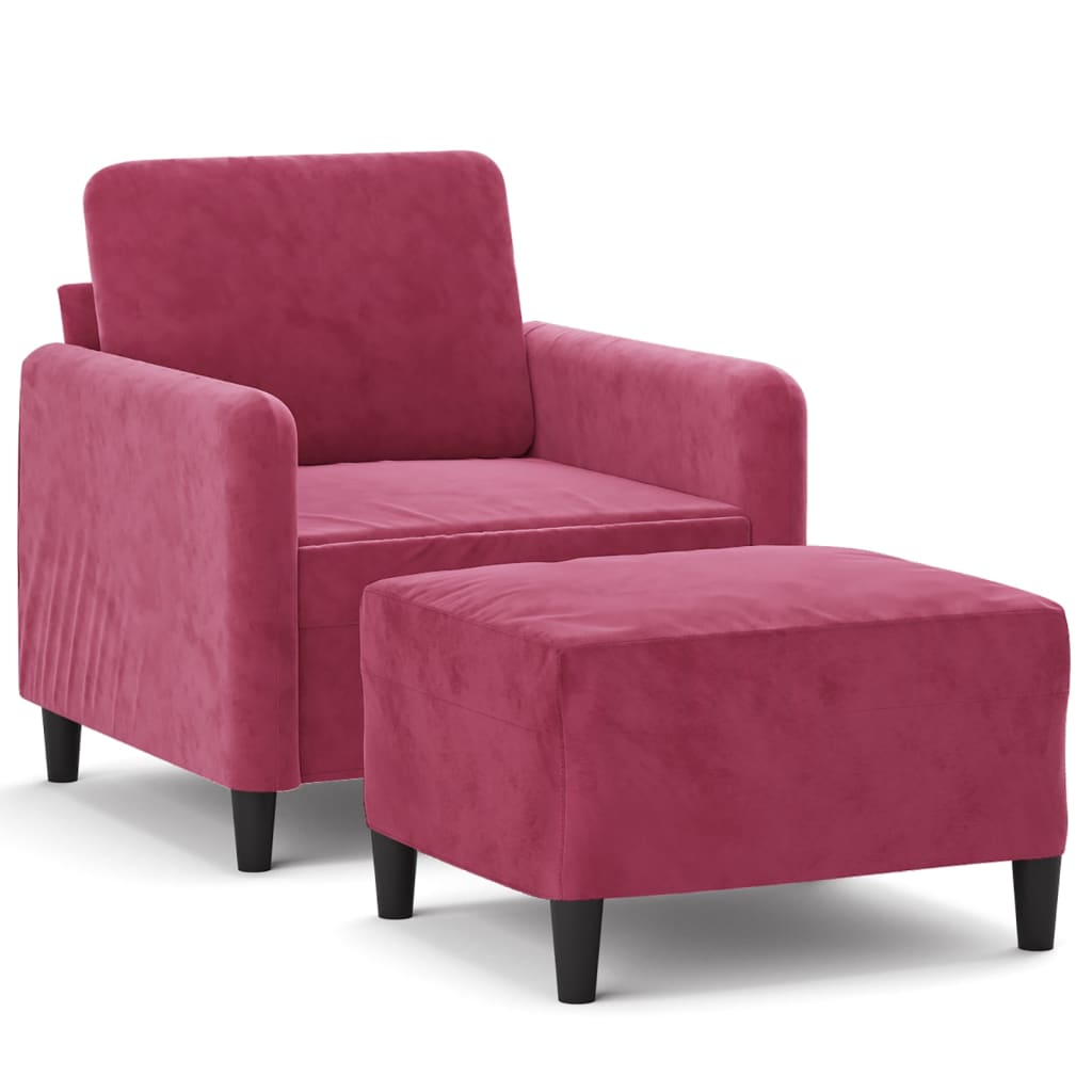 Fauteuil met voetenbank 60 cm fluweel wijnrood