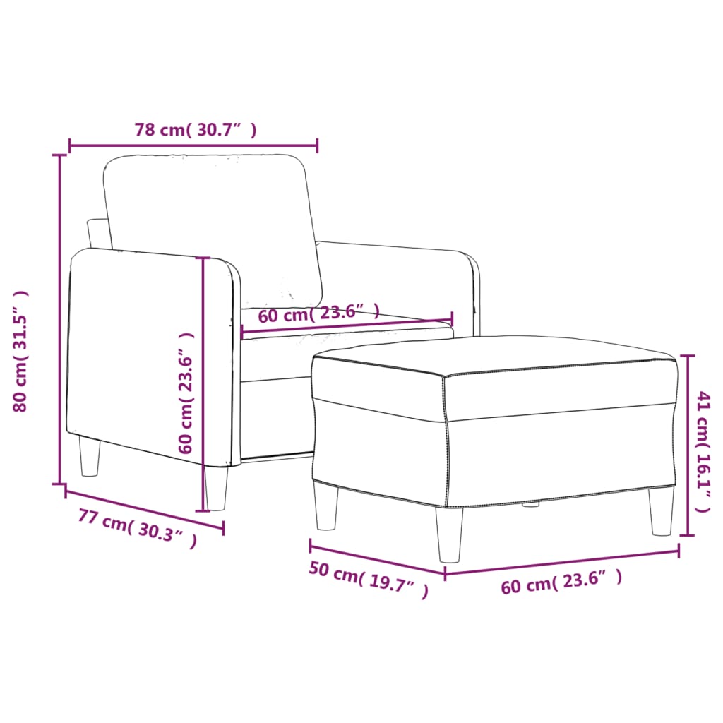 Fauteuil met voetenbank 60 cm fluweel wijnrood
