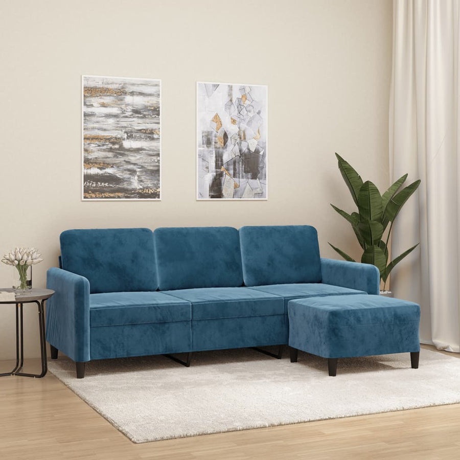 Driezitsbank met voetenbank 180 cm fluweel blauw Blauw
