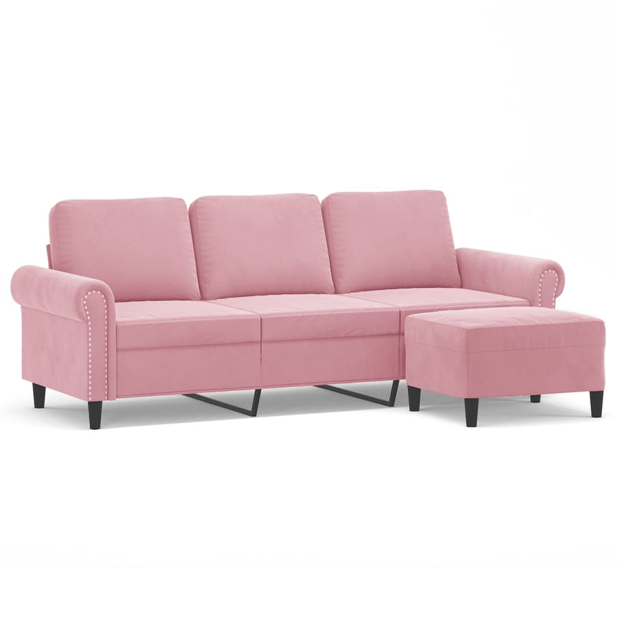 Driezitsbank met voetenbank 180 cm fluweel roze