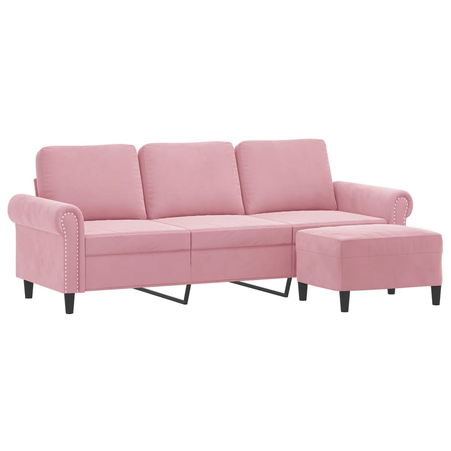 Driezitsbank met voetenbank 180 cm fluweel roze