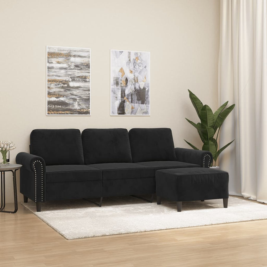 Driezitsbank met voetenbank 180 cm fluweel zwart Zwart