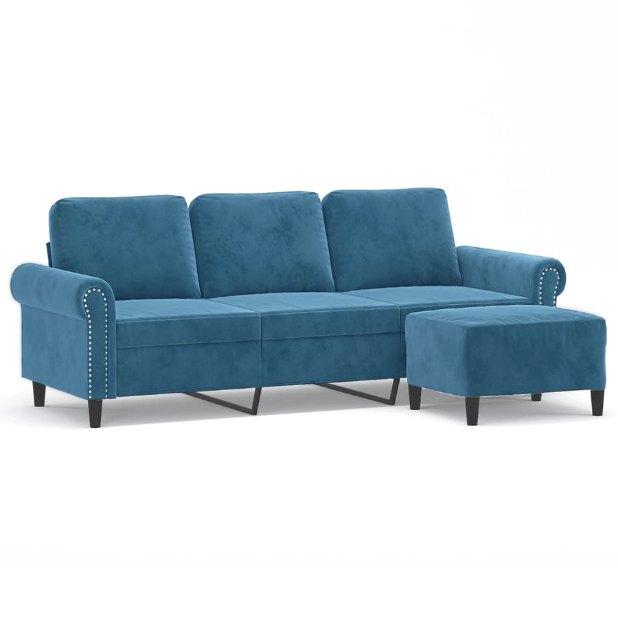 Driezitsbank met voetenbank 180 cm fluweel blauw