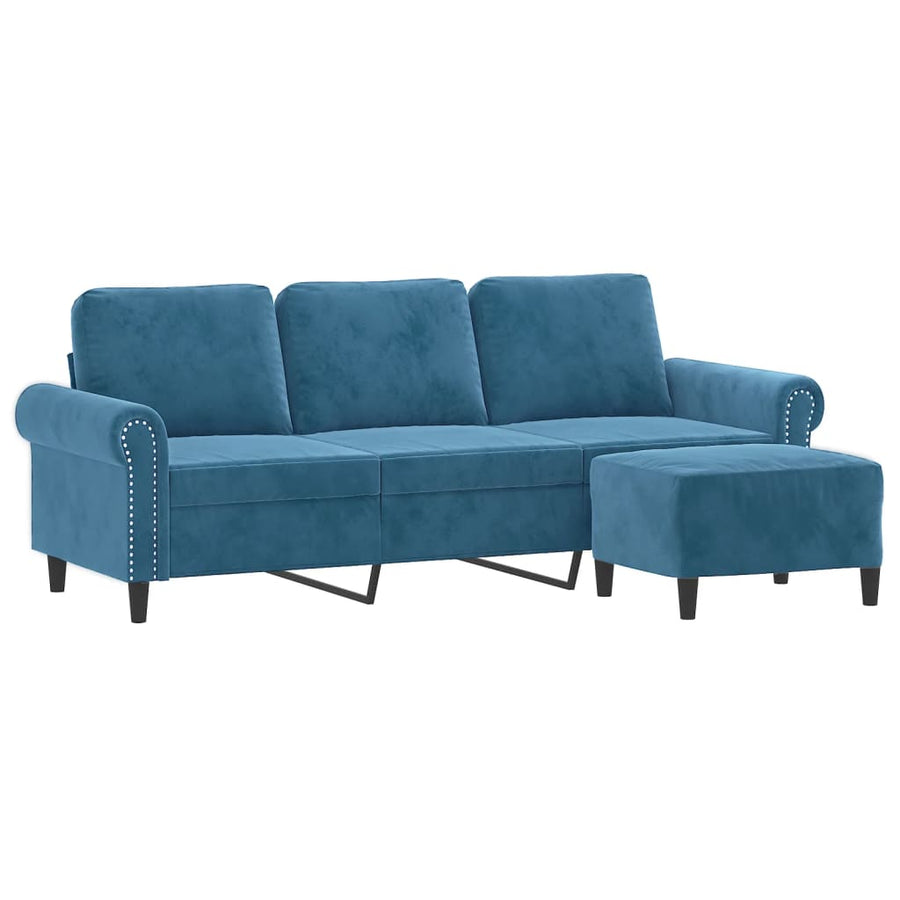 Driezitsbank met voetenbank 180 cm fluweel blauw