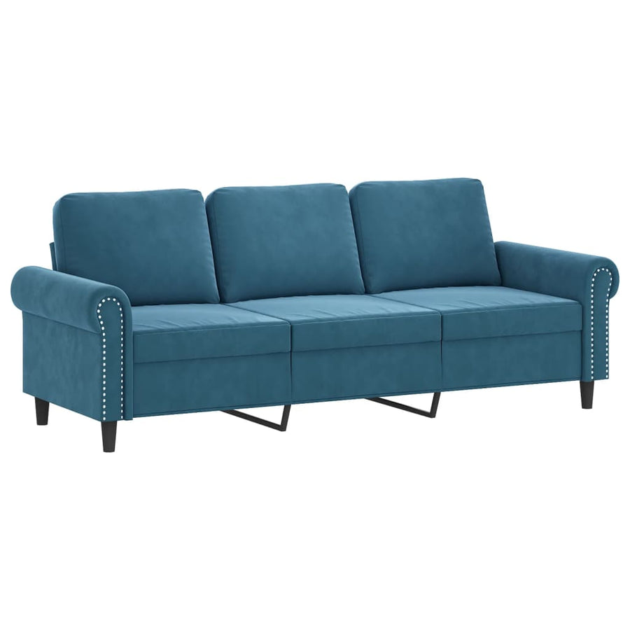 Driezitsbank met voetenbank 180 cm fluweel blauw