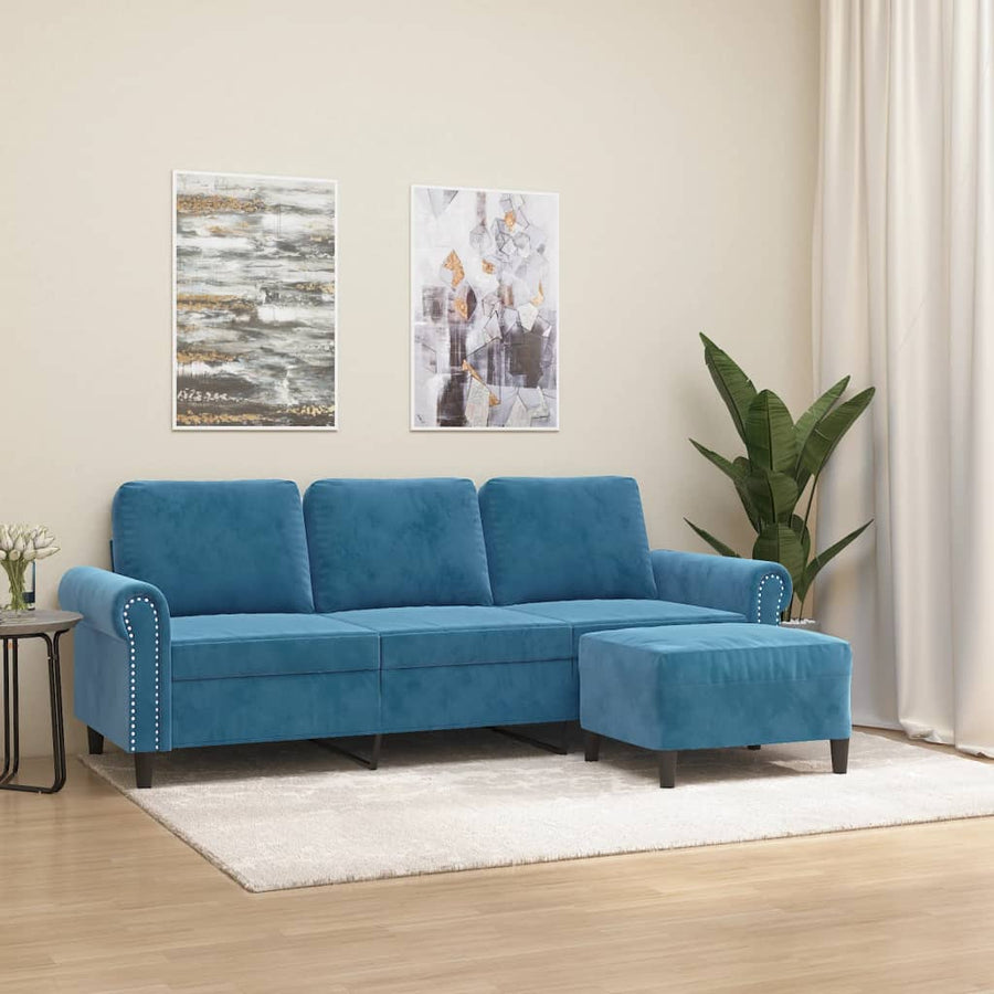 Driezitsbank met voetenbank 180 cm fluweel blauw