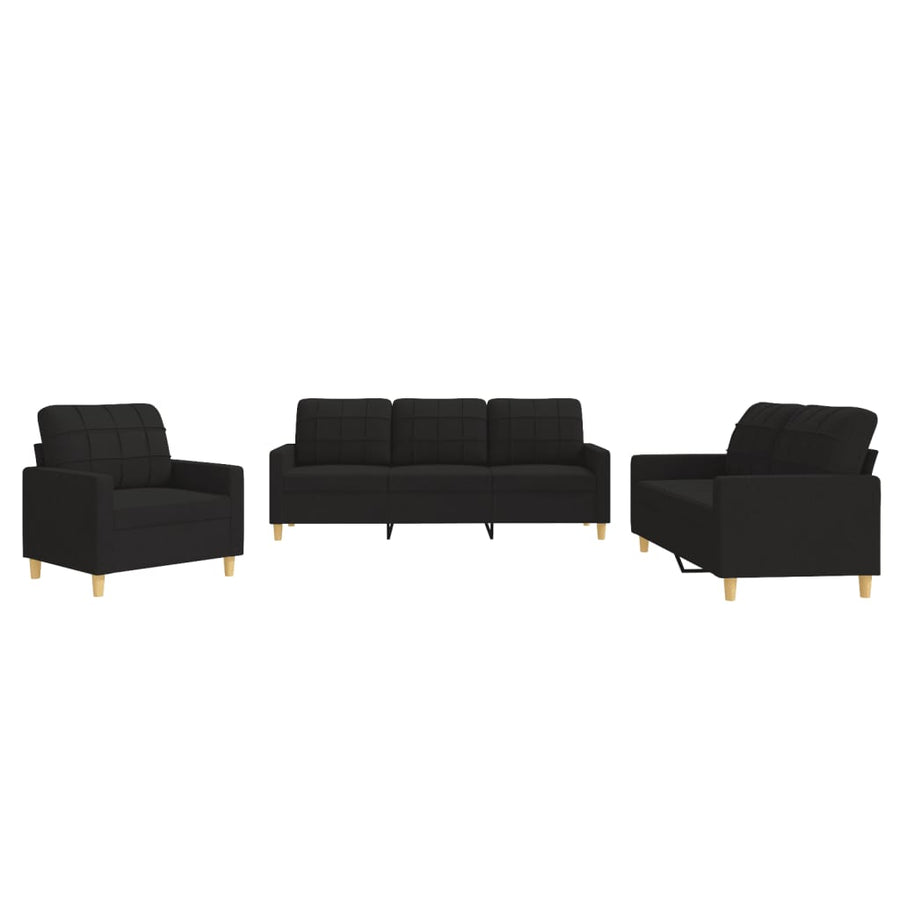 3-delige loungeset met kussens stof zwart Zwart met kussens
