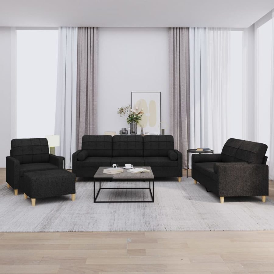 4-Delige Loungeset Met Kussens Stof Zwart met kussens en voetenbankje