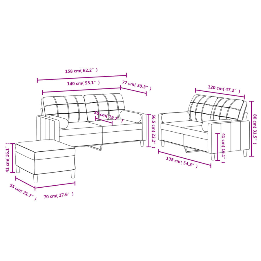 3-Delige Loungeset Met Kussens Stof Taupe met kussens en voetenbankje