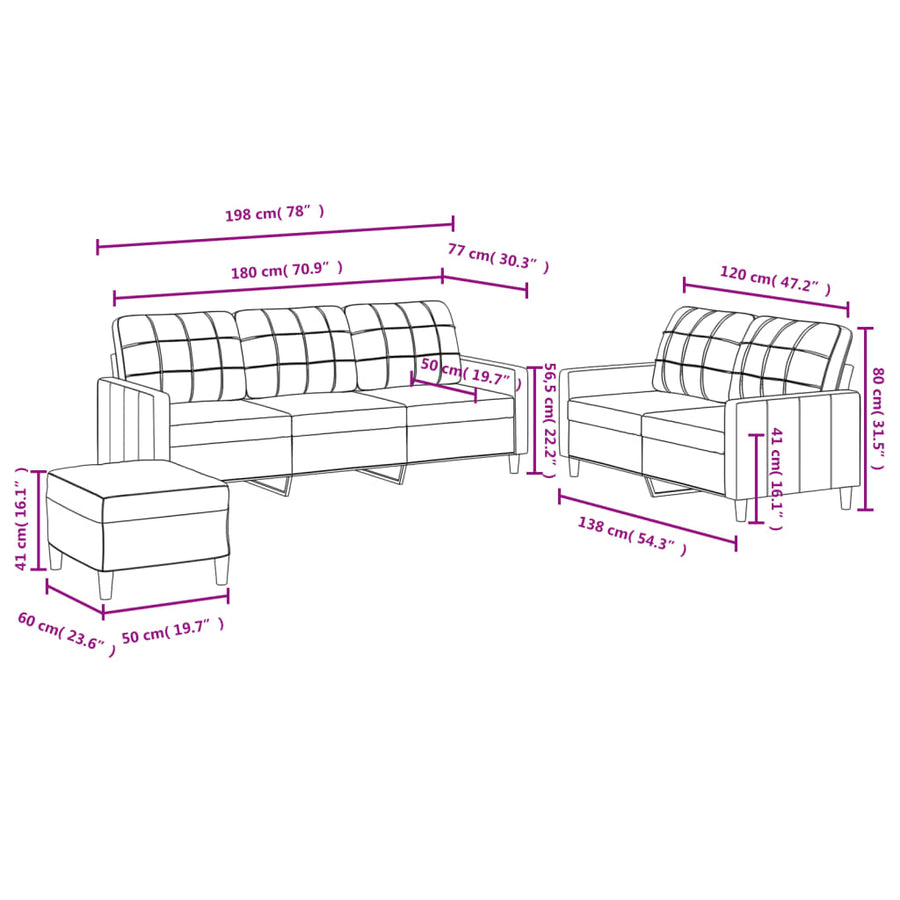 3-delige Loungeset met kussens stof crèmekleurig