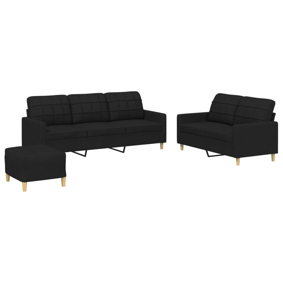 3-Delige Loungeset Met Kussens Stof Zwart met kussens en voetenbankje