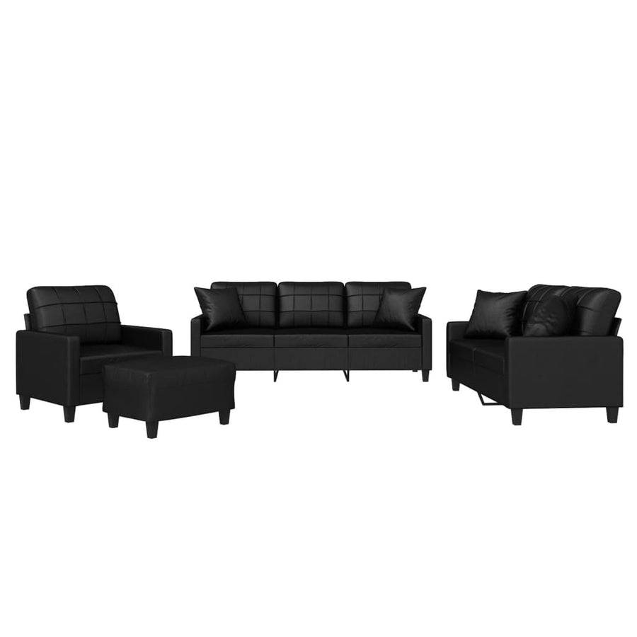 4-delige Loungeset met kussens kunstleer zwart Zwart met kussens en voetenbankje