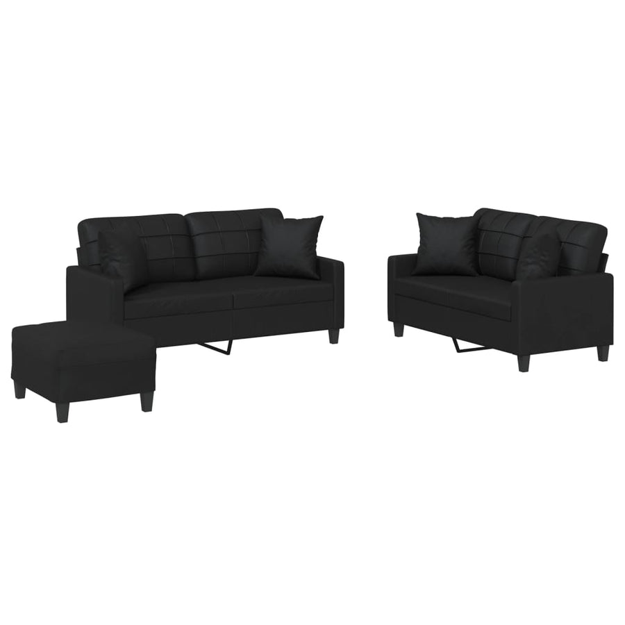 3-delige Loungeset met kussens kunstleer zwart Zwart met kussens en voetenbankje