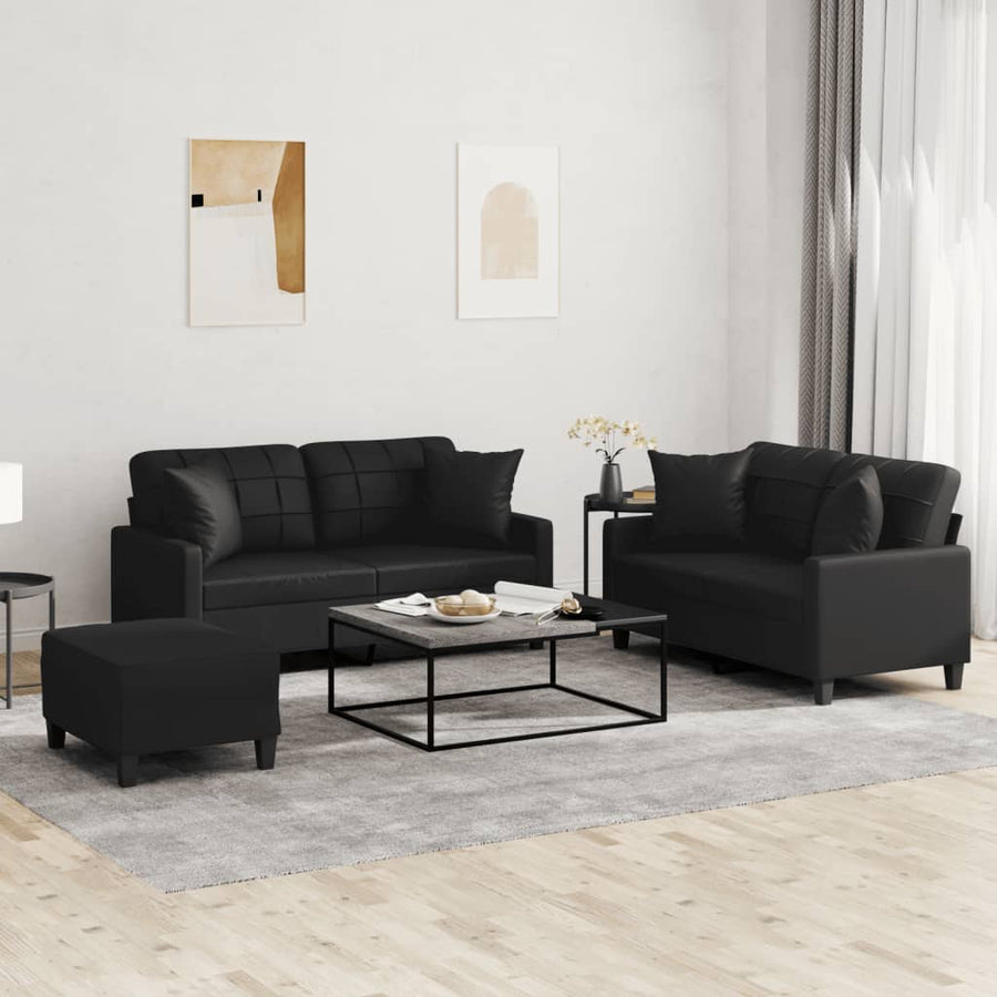 3-delige Loungeset met kussens kunstleer zwart Zwart met kussens en voetenbankje