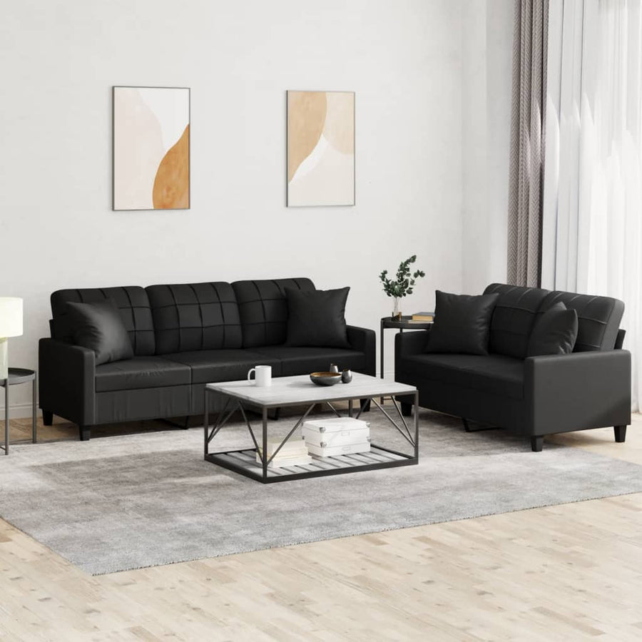 2-Delige Loungeset Kunstleer Zwart met kussens