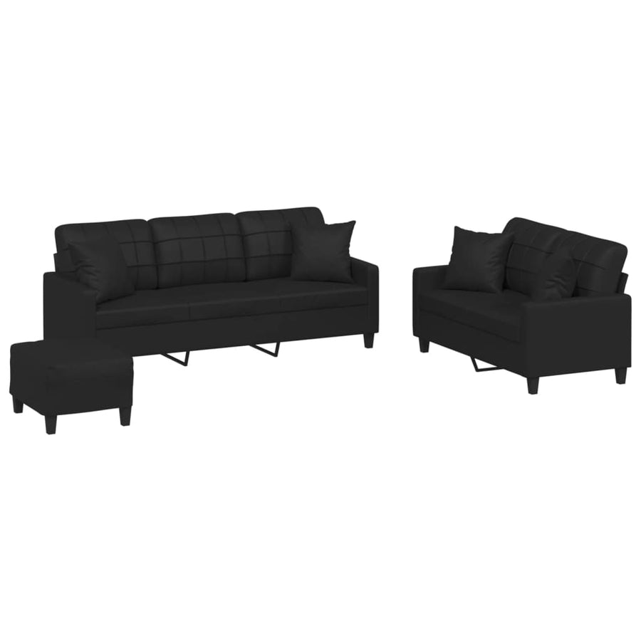 3-delige Loungeset met kussens kunstleer zwart Zwart met kussens en voetenbankje
