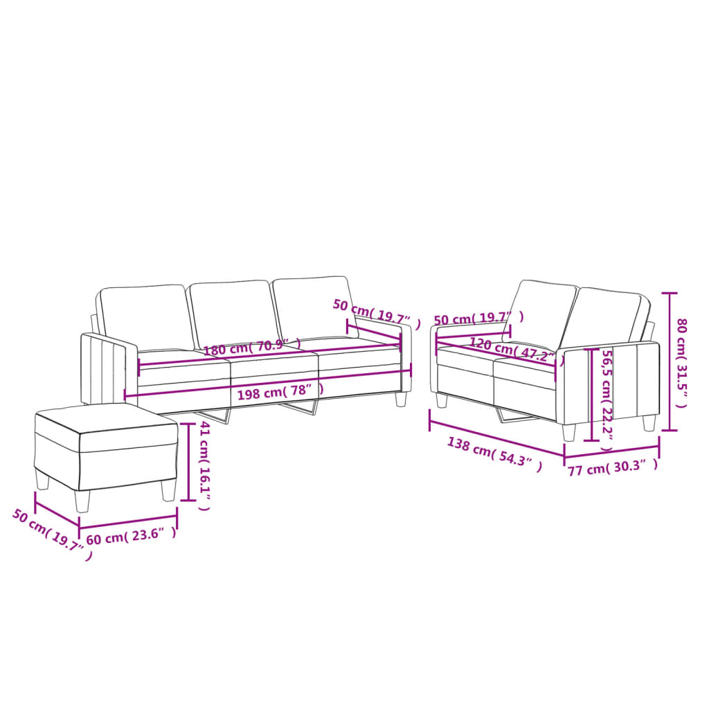 3-Delige Loungeset Met Kussens Kunstleer Zwart met kussens en voetenbankje
