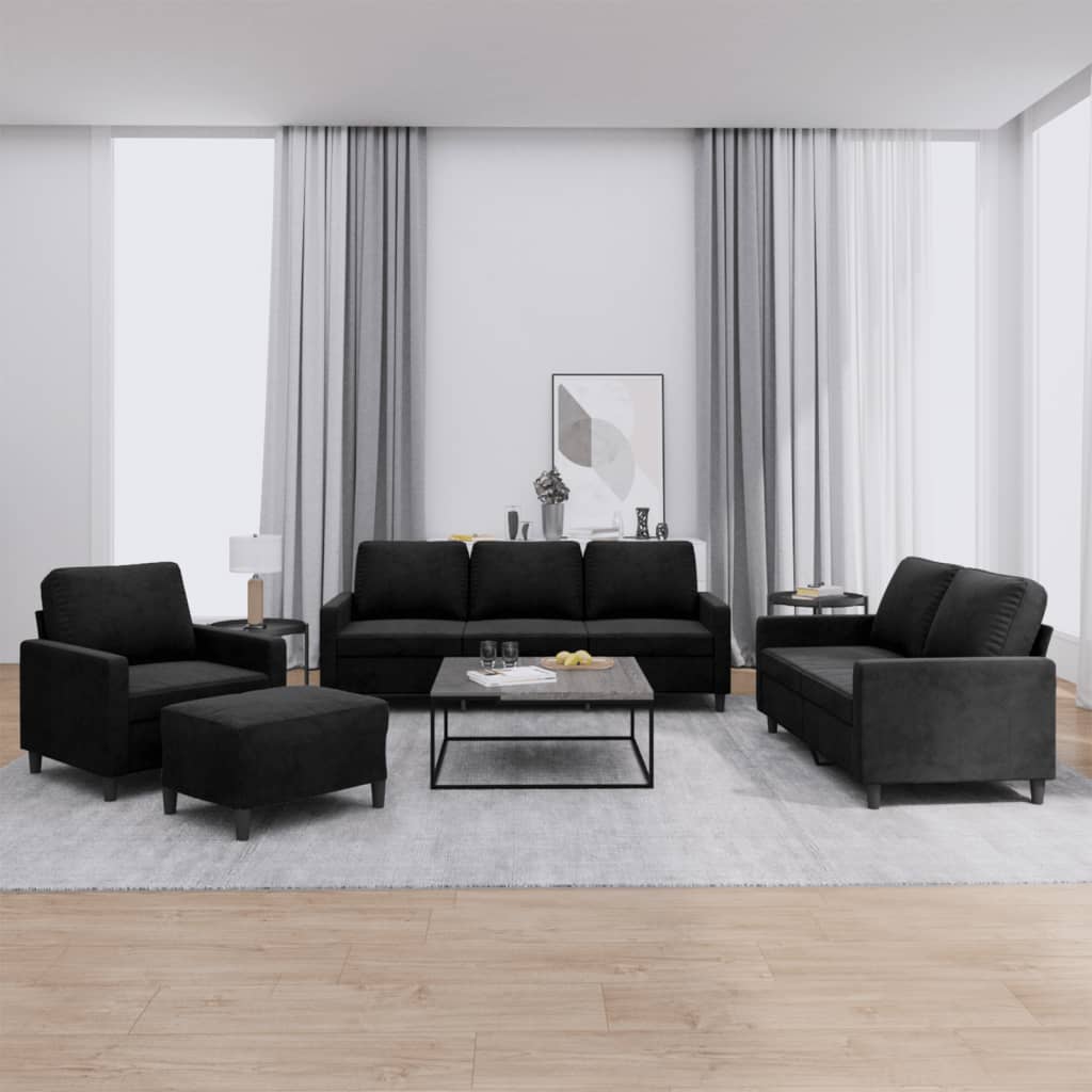 4-Delige Loungeset Met Kussens Fluweel Zwart met kussens en voetenbankje