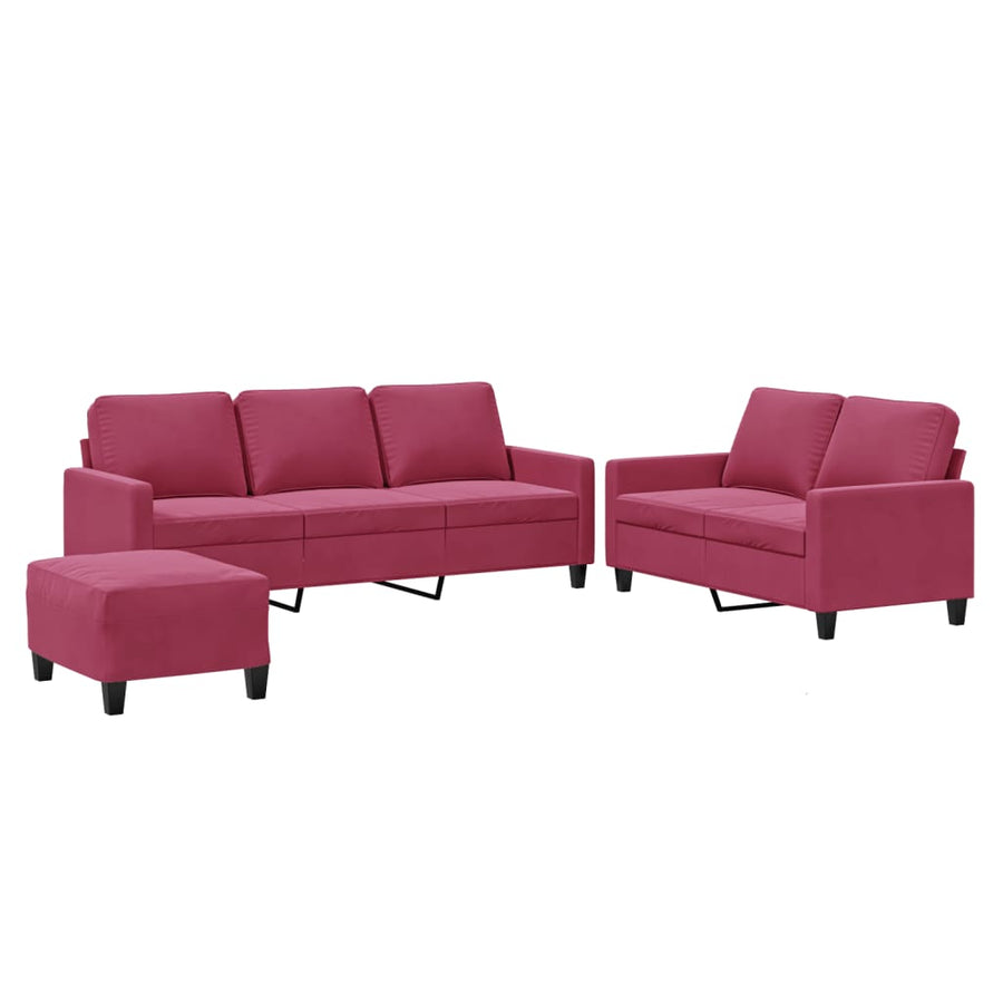 3-Delige Loungeset Met Kussens Fluweel Wijnrood met kussens en voetenbankje