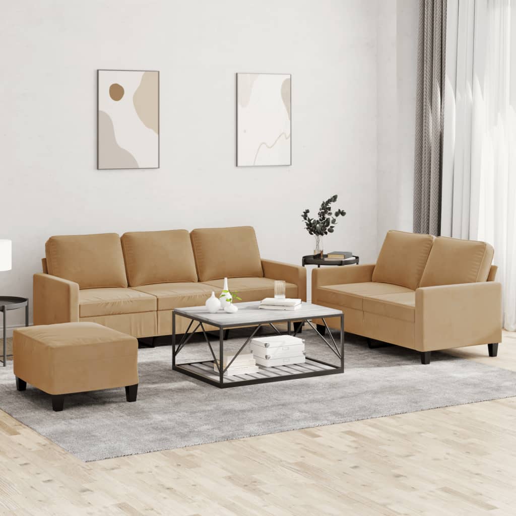 3-Delige Loungeset Met Kussens Fluweel Bruin met kussens en voetenbankje