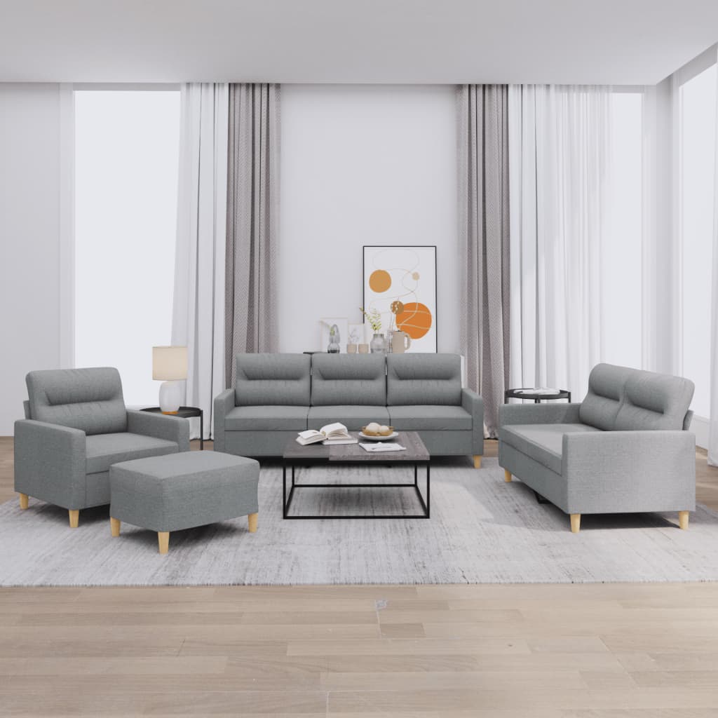 4-delige Loungeset met kussens stof lichtgrijs Lichtgrijs met kussens en voetenbankje