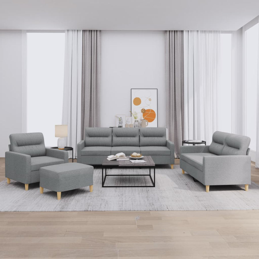 4-delige Loungeset met kussens stof lichtgrijs Lichtgrijs met kussens en voetenbankje