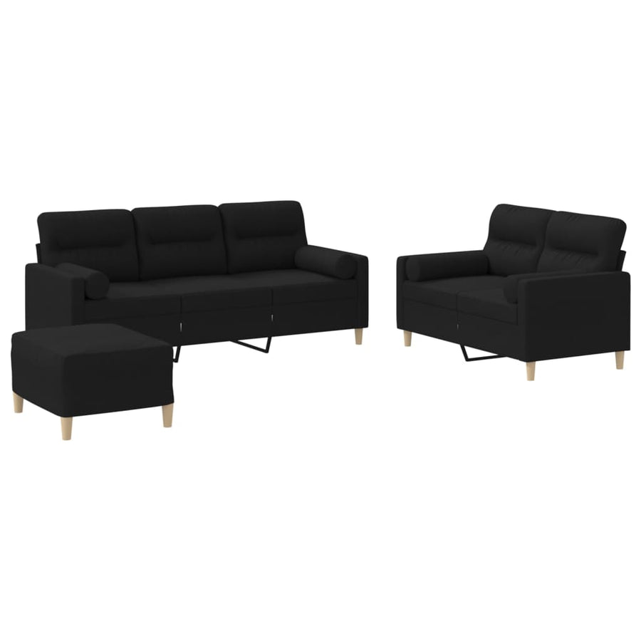 3-delige Loungeset met kussens stof zwart Zwart met kussens en voetenbankje