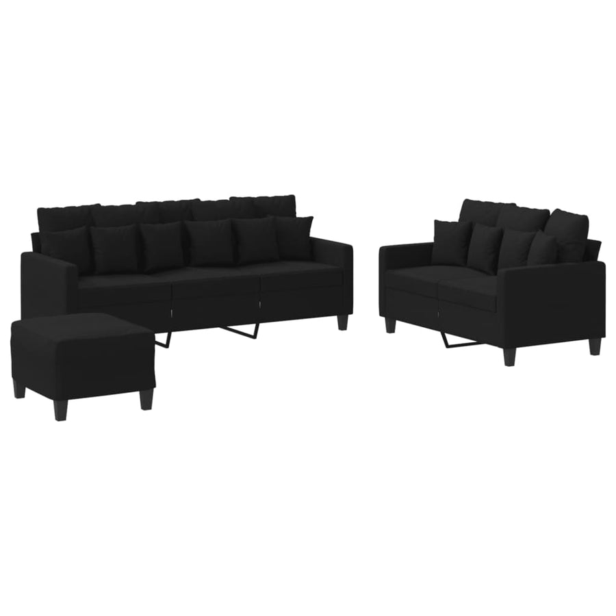 3-Delige Loungeset Met Kussens Stof Zwart met kussens en voetenbankje