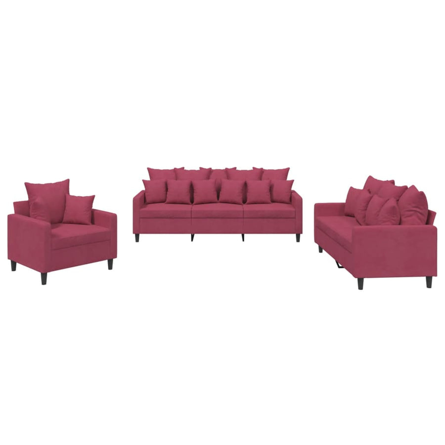 3-Delige Loungeset Fluweel Wijnrood met kussens