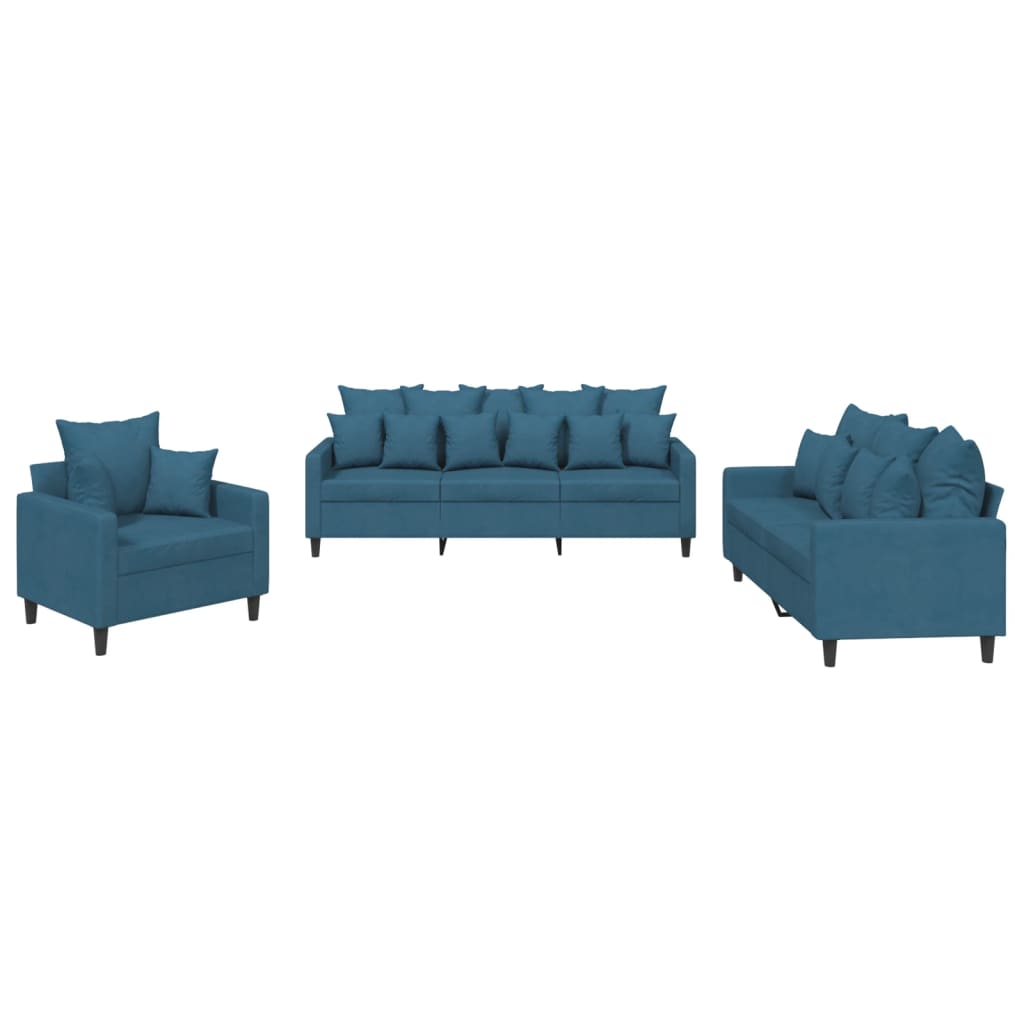 3-Delige Loungeset Fluweel Blauw met kussens